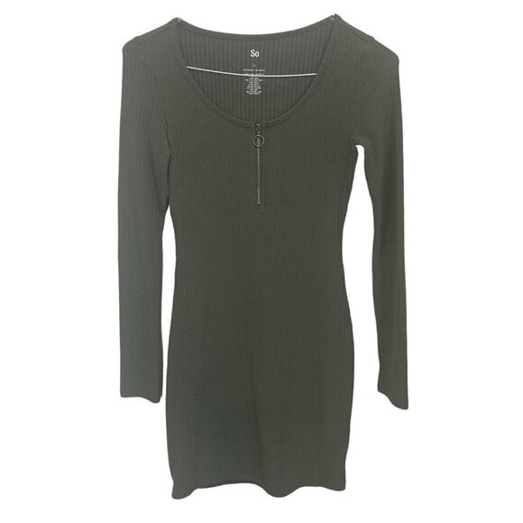 SO Body-con Green Dress size XS XSmall Ribbed Long Sleeve Front Zipper - Picture 1 of 8